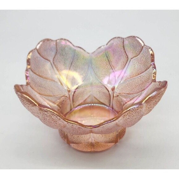 SMITH Pink Iridescent Carnival Glass Textured Cabbage Leaf Candle Holder Vtg - Picture 4 of 8